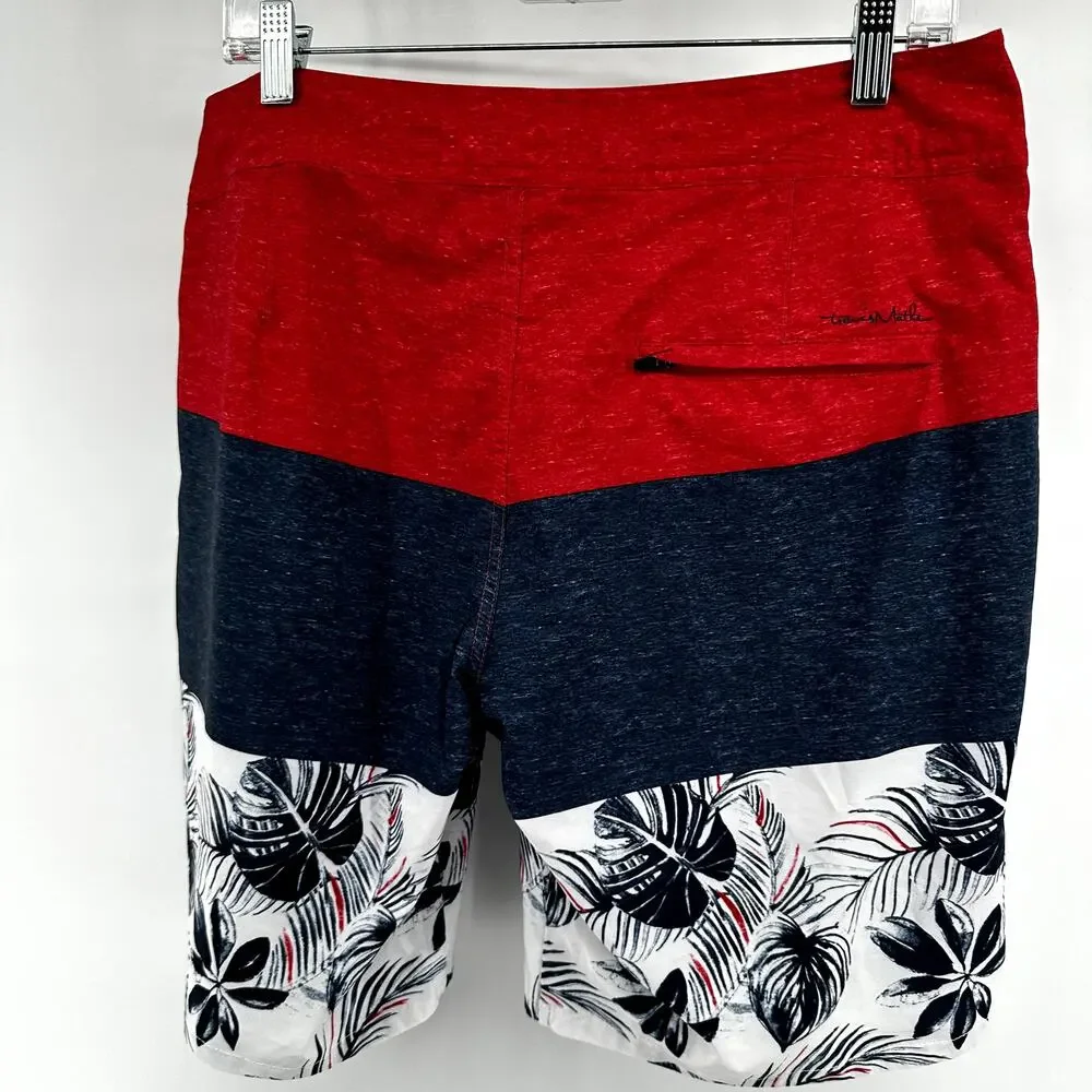 Travis Mathew Board Shorts Palm Tropical Colorblock Drawstring Red Blue Large